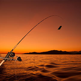 A fishing pole hanging over a lake from a boat